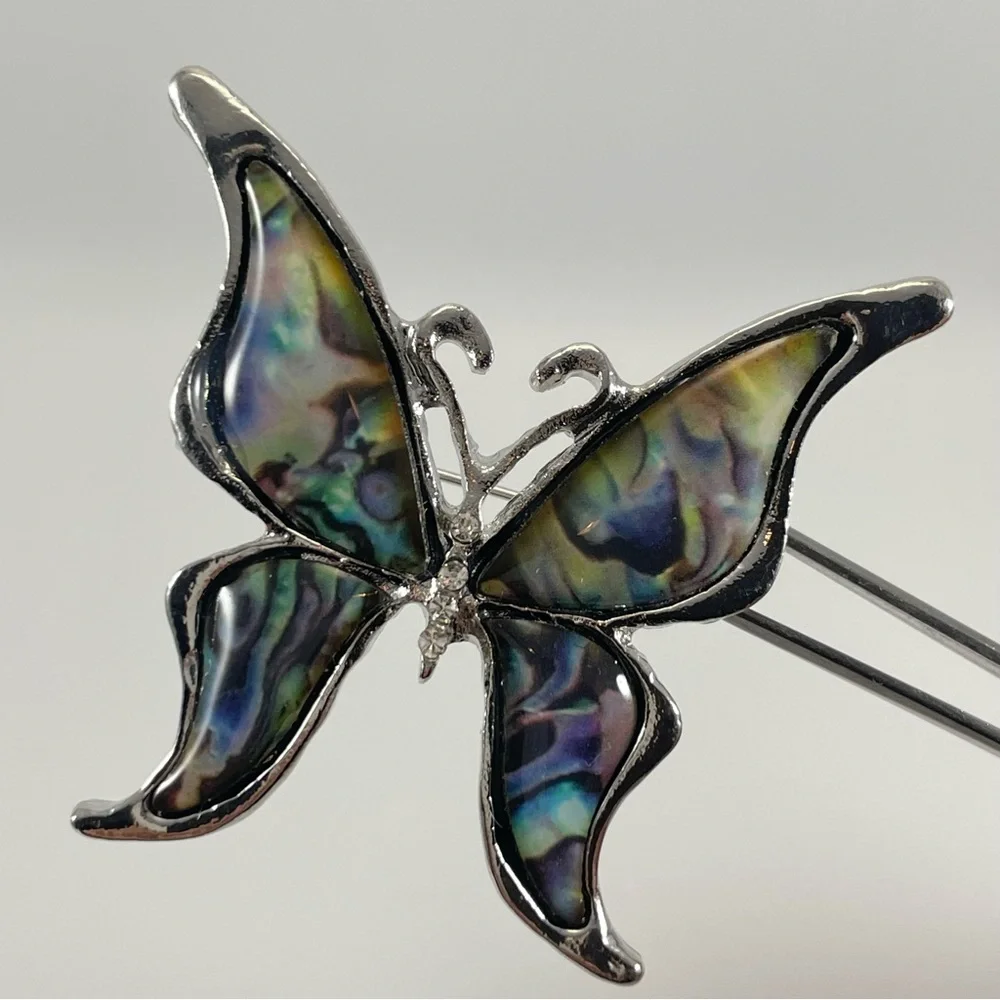 Silver Tone Faux Abalone Pearl Butterfly Brooch Pin Boho Vintage Look Statement